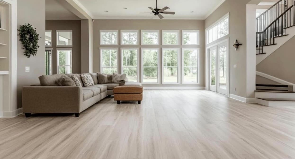 Remodelación interior terminada con piso de madera clara, techos altos y grandes ventanas